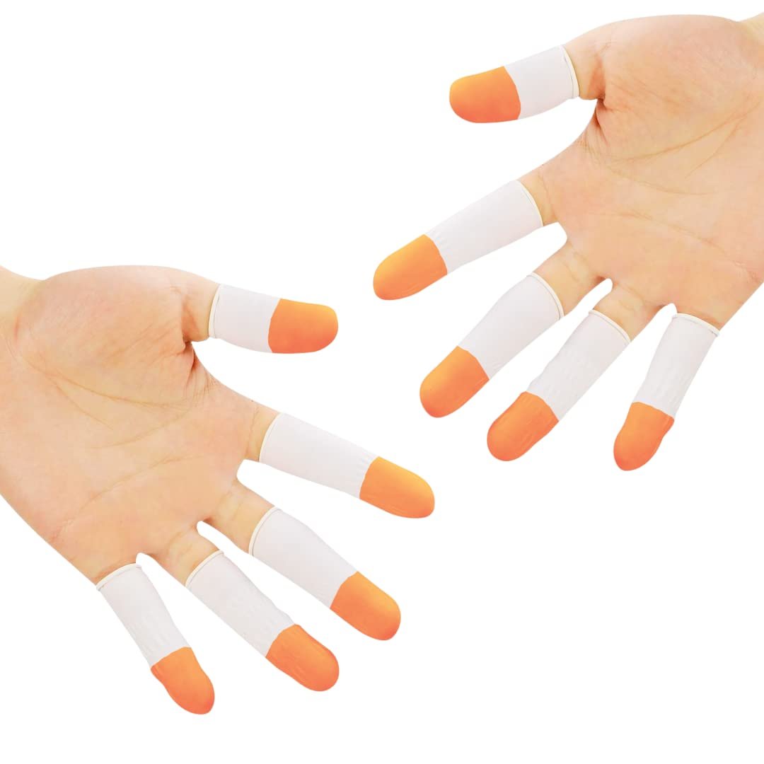 Latex Rubber Anti Slip and Static Cot Fingertip Protective Finger Work Gloves Finger Cots (Orange & White Colour)